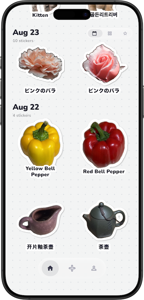 CatchLingo home screen showing a sticker collection collected in six different languages
