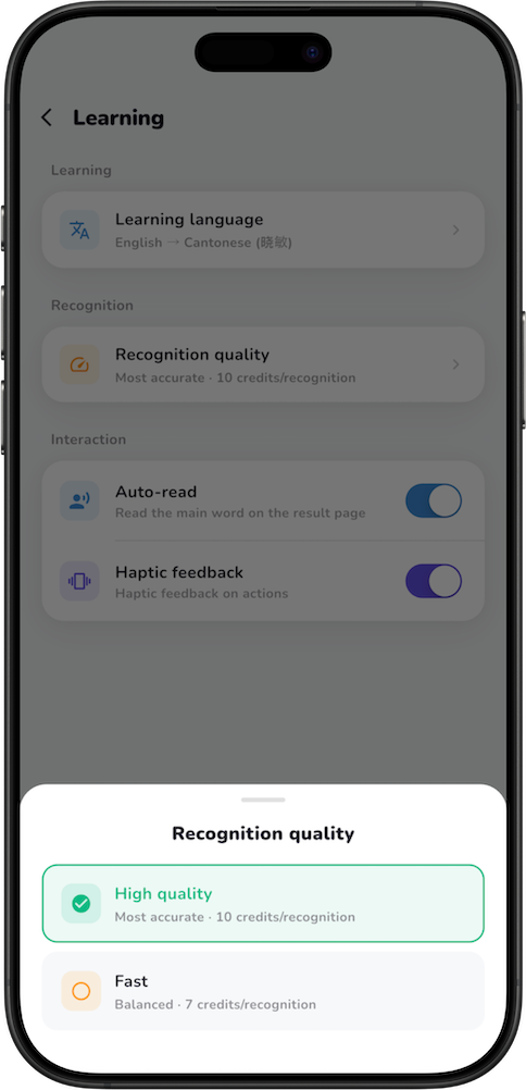 CatchLingo recognition quality picker: High quality, Fast or Economy