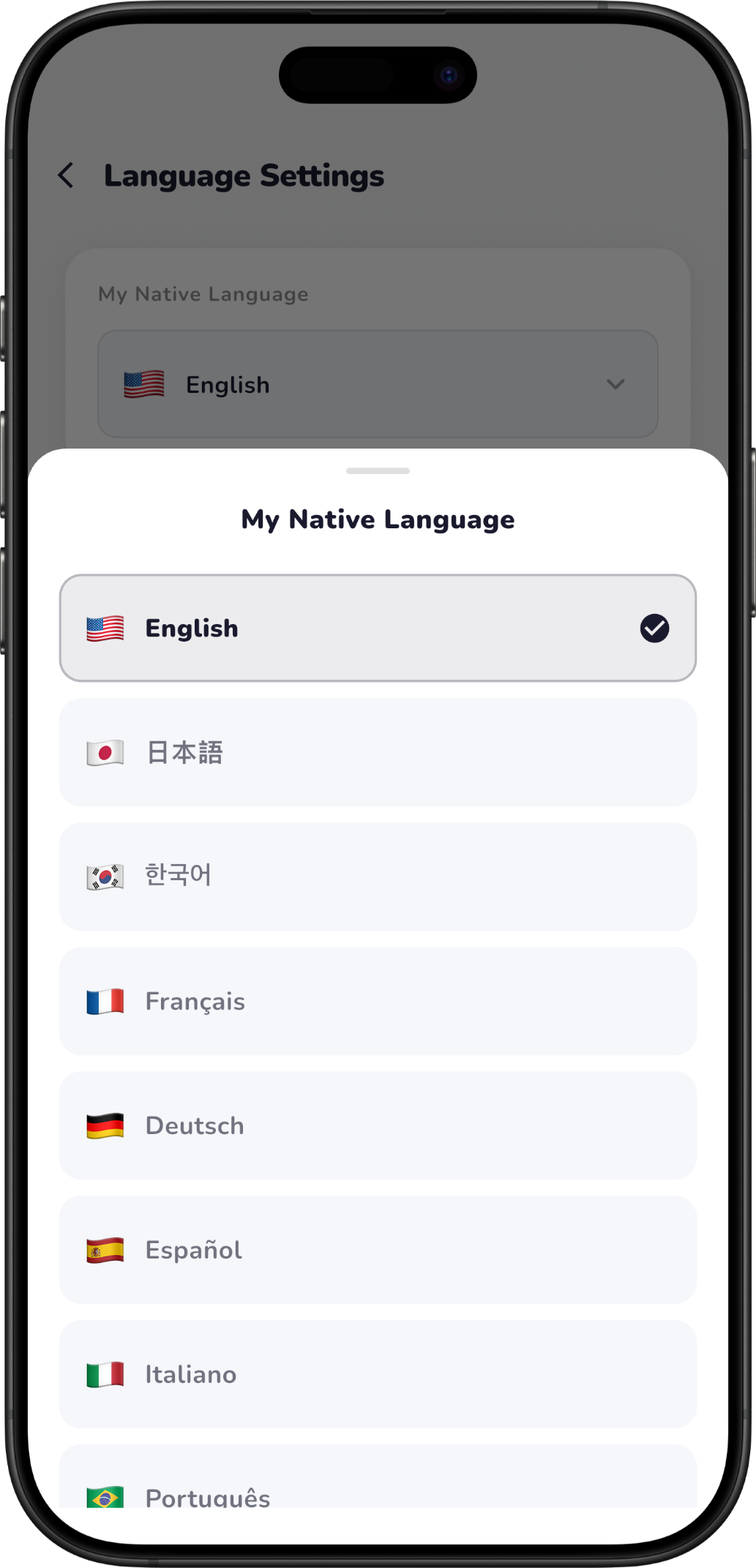 CatchLingo asking for your native language