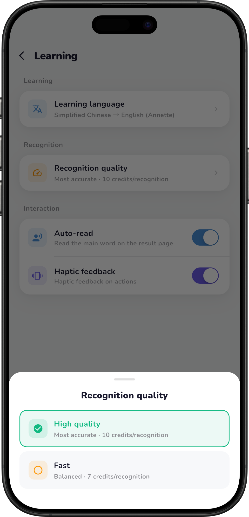 CatchLingo recognition quality picker: High quality, Fast or Economy